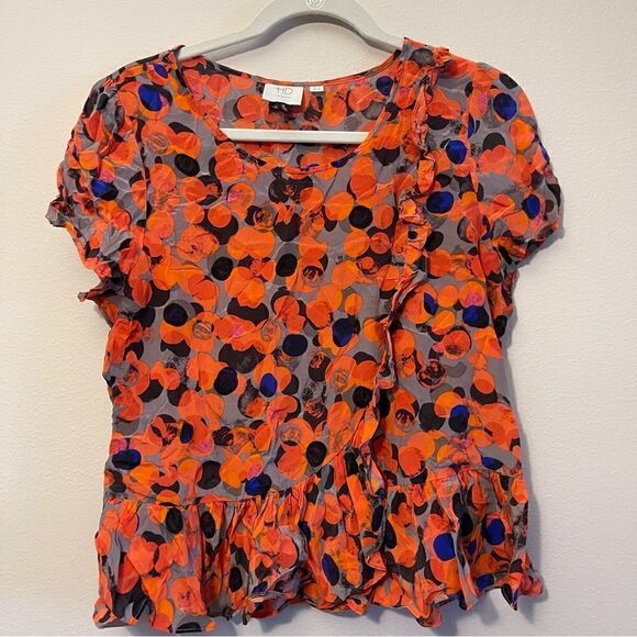 anthropologie hd in paris 100% silk polka dot ruffle short sleeve top size 10 - Picture 2 of 4